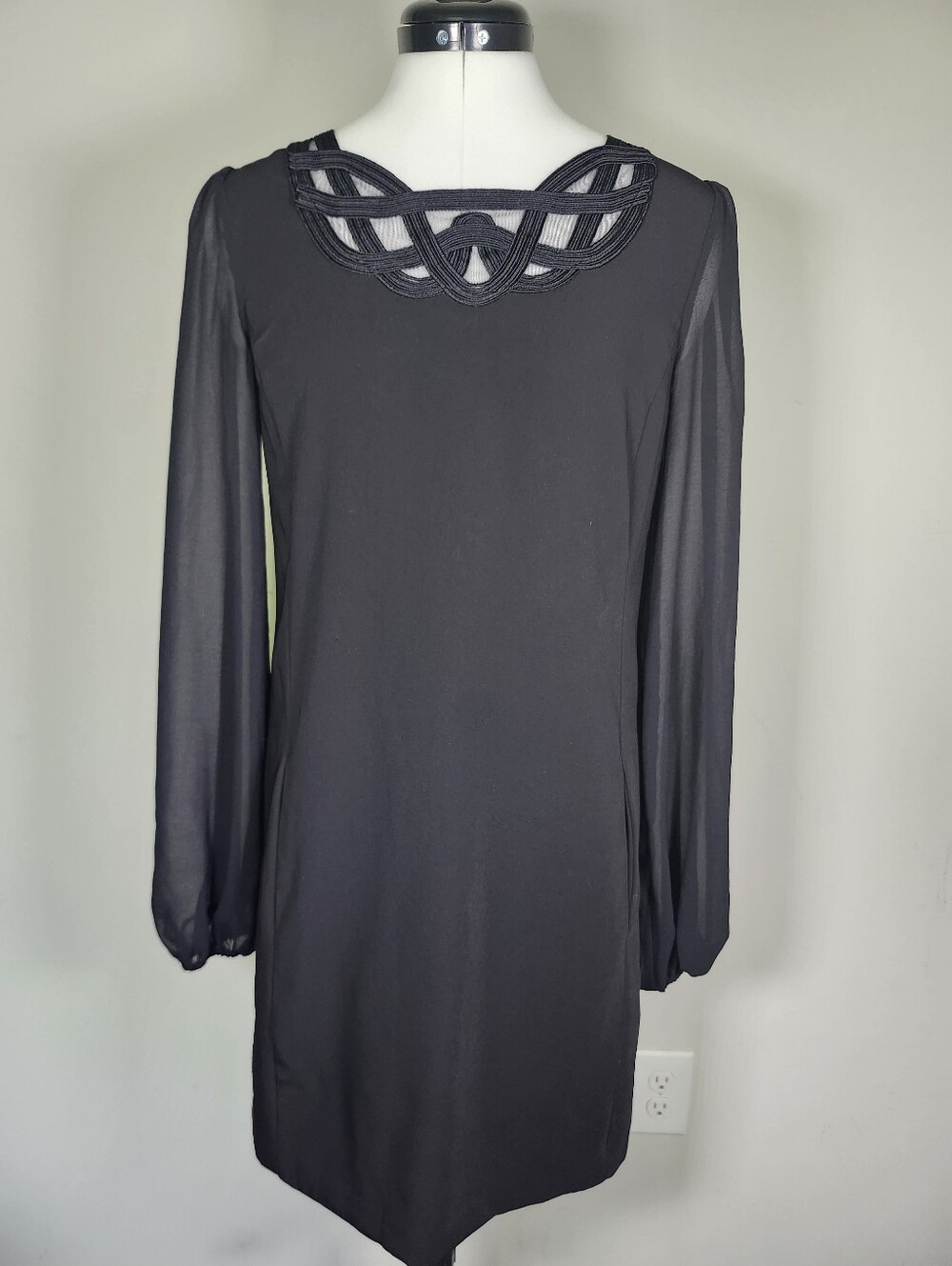 Laundry By Shelli Segal Black Woven Neckline Long SL Cocktail Mini Dress S 2